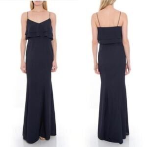 Bhldn anthropologie Navy sleeveless‎ ruffle gown maxi dress prom wedding guest 8